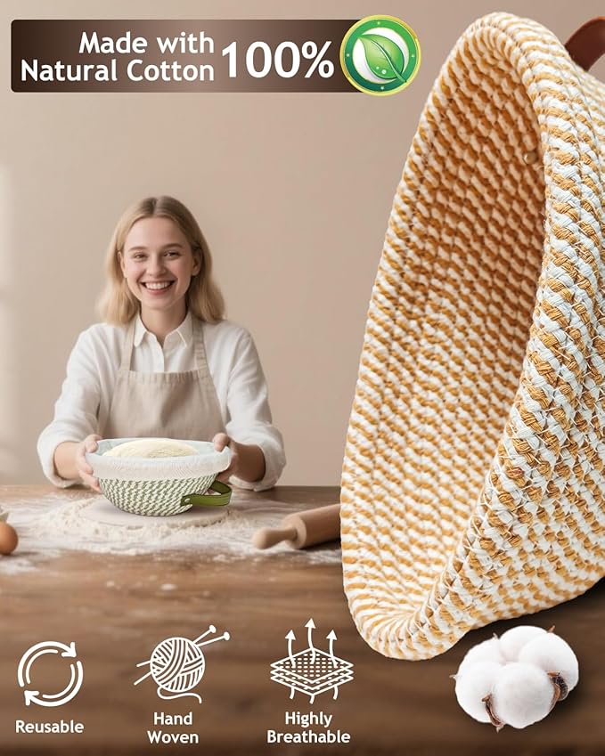 Banneton Bread Proofing Basket Set,Cotton Rope Sourdough Banneton Basket Oval Round, 10 inch Sourdough Bread Baking Supplies with 4 Liners, Handmade Proofing Bowls for Artisan Bakers Starter