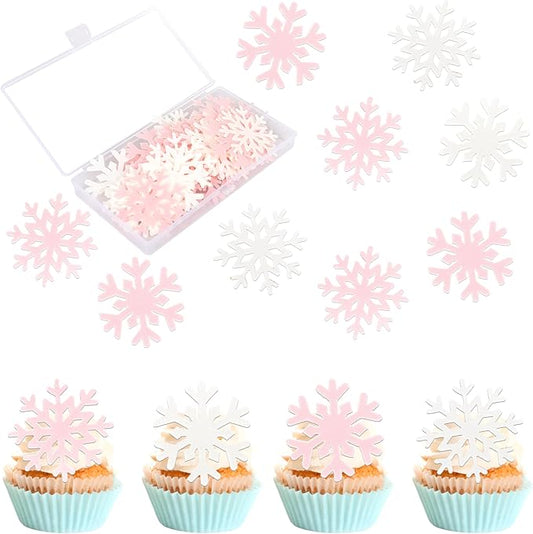 60 PCS Edible Snowflake Cupcake Toppers Snowflake Frozen Party Cake Decorations Edible Snowflake Cupcake Picks for Christmas Winter Frozen Theme Baby Shower Birthday Party Supplies White Pink