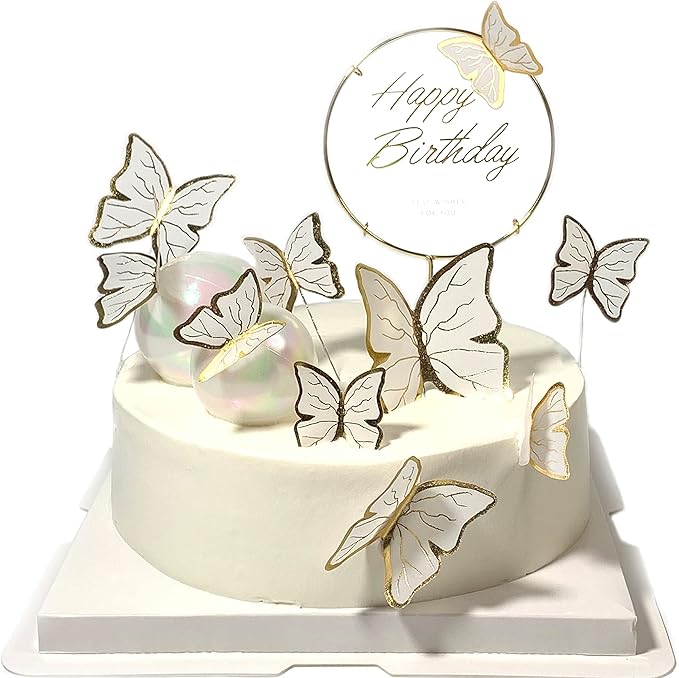 11-Pieces White gold Butterfly Cake Toppers Happy Birthday Metal Gold Happy Birthday Cake Topper Butterfly Birthday Cake Decorations Cake Butterfly Party Decorations,OO-541