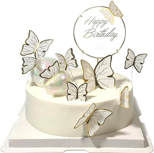 11-Pieces White gold Butterfly Cake Toppers Happy Birthday Metal Gold Happy Birthday Cake Topper Butterfly Birthday Cake Decorations Cake Butterfly Party Decorations,OO-541