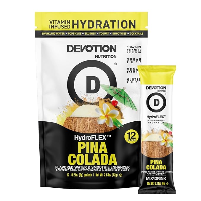 Devotion Nutrition HydroFLEX Water Flavoring Packets ??Sugar-Free Hydration with Vitamins & Electrolytes ??Dye-Free, Gluten-Free (Pina Colada) 12-Pack Drink Mix