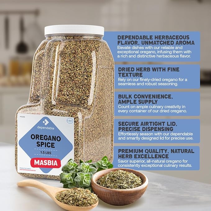 Dependable Food Oregano Seasoning - 1.5 Lb. Jar - Bulk, Kosher, 100% Natural Oregano Leaves for Chefs, Restaurants - Great for, Pizza, Pasta Sauces, Grilled Meats & More - Non-GMO Dried Oregano Leaves Spice - Allergen-Free