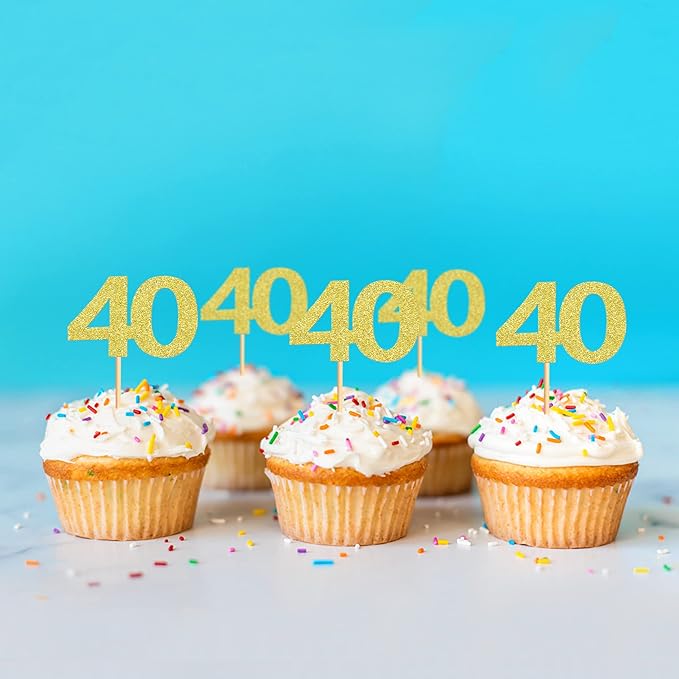 24PCS Gold Glitter 40th Birthday Cupcake Toppers Number 40 Birthday Celebrating Cake Decorations Supplies for Anniversary Party