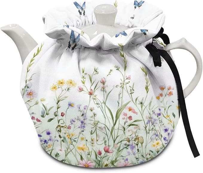White Wildflower Tea Cozy Keep Warm Teapot Insulated for Halloween Day Insulated Teapot Cozy Kitchen Accessory Soft Teapot Dust Protector for Women