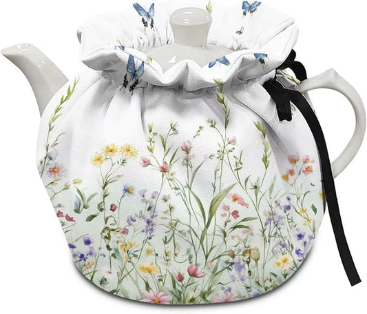 White Wildflower Tea Cozy Keep Warm Teapot Insulated for Halloween Day Insulated Teapot Cozy Kitchen Accessory Soft Teapot Dust Protector for Women