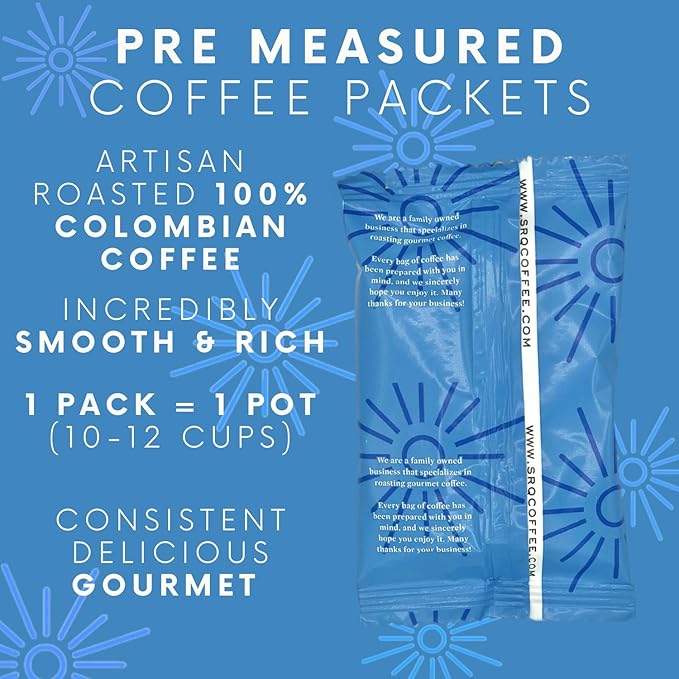 SARASOTA COFFEE & TEA CO. Packets, Pre Ground Coffee Packs, Premium 100Percent Colombian Medium Roast, Bulk Single Pot Bags for Drip Coffee Makers, (2 oz Bags, Pack of 36)