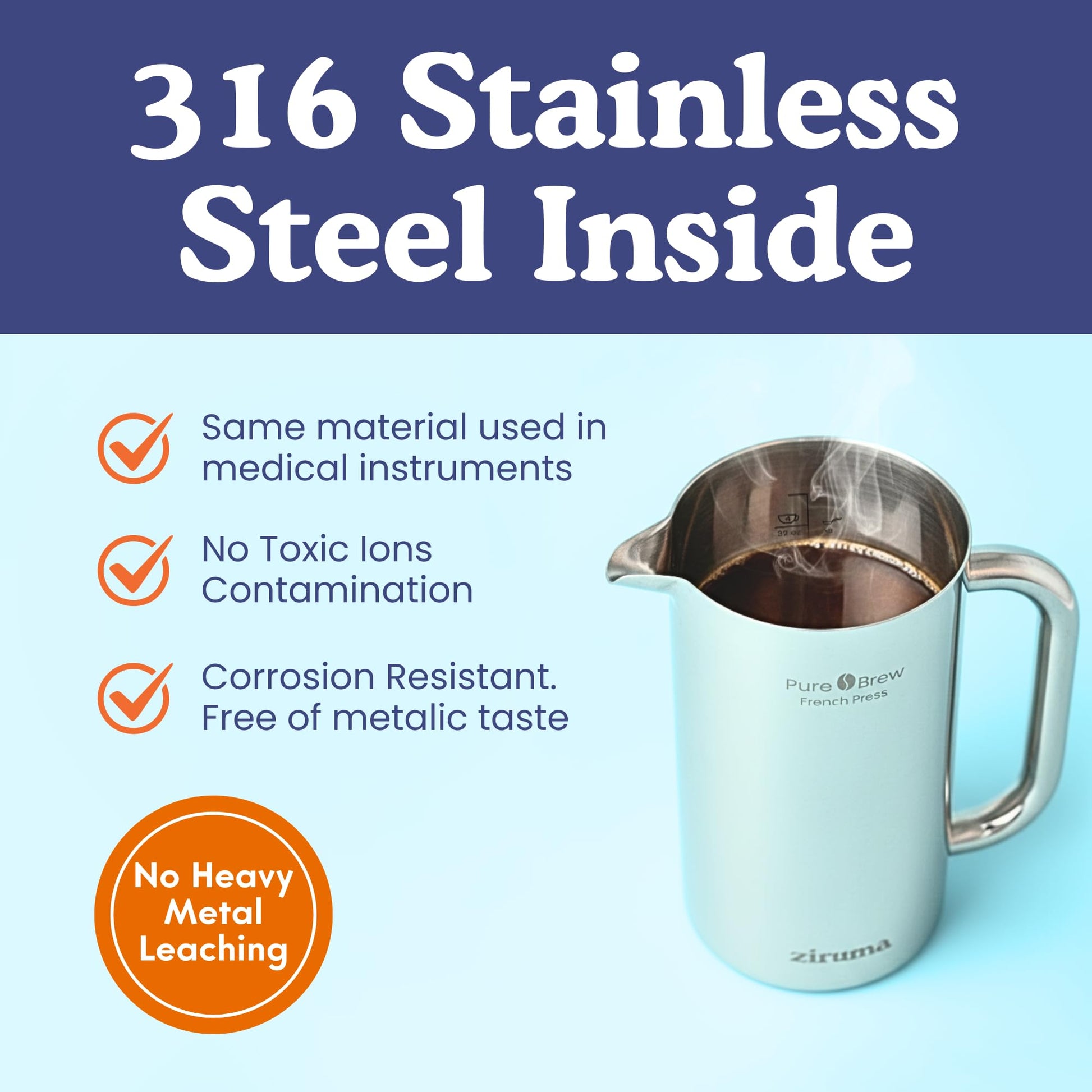 Non-Toxic Stainless Steel French Press, No Plastic or Heavy Metals, 34 oz