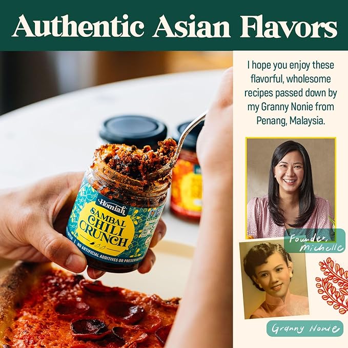 Homiah Sambal Chili Crunch, 6oz - Less Oil Low Sodium Gluten Free Vegan, Sambal Oelek Chili Paste, Crispy Chili Crunch Topping with Seaweed - Mild