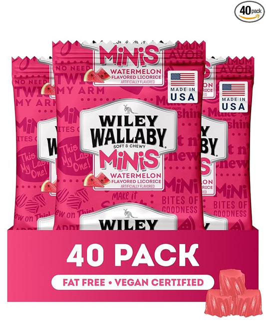 Wiley Wallaby Mini Licorice Bites 0.5 Ounce Classic Gourmet Soft & Chewy Australian Watermelon Licorice Candy Bags, 40 Pack