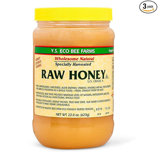 Y.S. Bee Farms Organic Honey Raw Unfiltered - 22 oz 3 Pack - U.S. Grade A Raw Honey, Packed by ILIOS