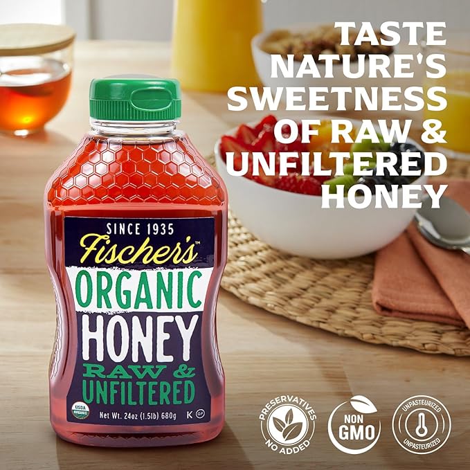 Fischer's 100% Organic Honey, USDA Certified, 24 Oz – Pure, Raw & Unfiltered Honey – All-Natural Sweetener – Rich Flavor Profile, Packed with Nutrients