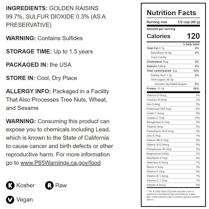 Food to Live California Jumbo Golden Raisins, 2 Pounds ??Seedless, Sun-Dried, No Added Oil, No Added Sugar, Kosher, Vegan, Raw, Bulk