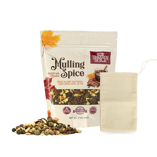 Olde Tradition Mulling Spices for Apple Cider, Mulled Wine Spices Kit, 4oz Traditional Mulled Spice Mix with Muslin Bag for Steeping Stovetop Simmer Pot Hot Toddy Tea Christmas Glühwein Holiday Drink