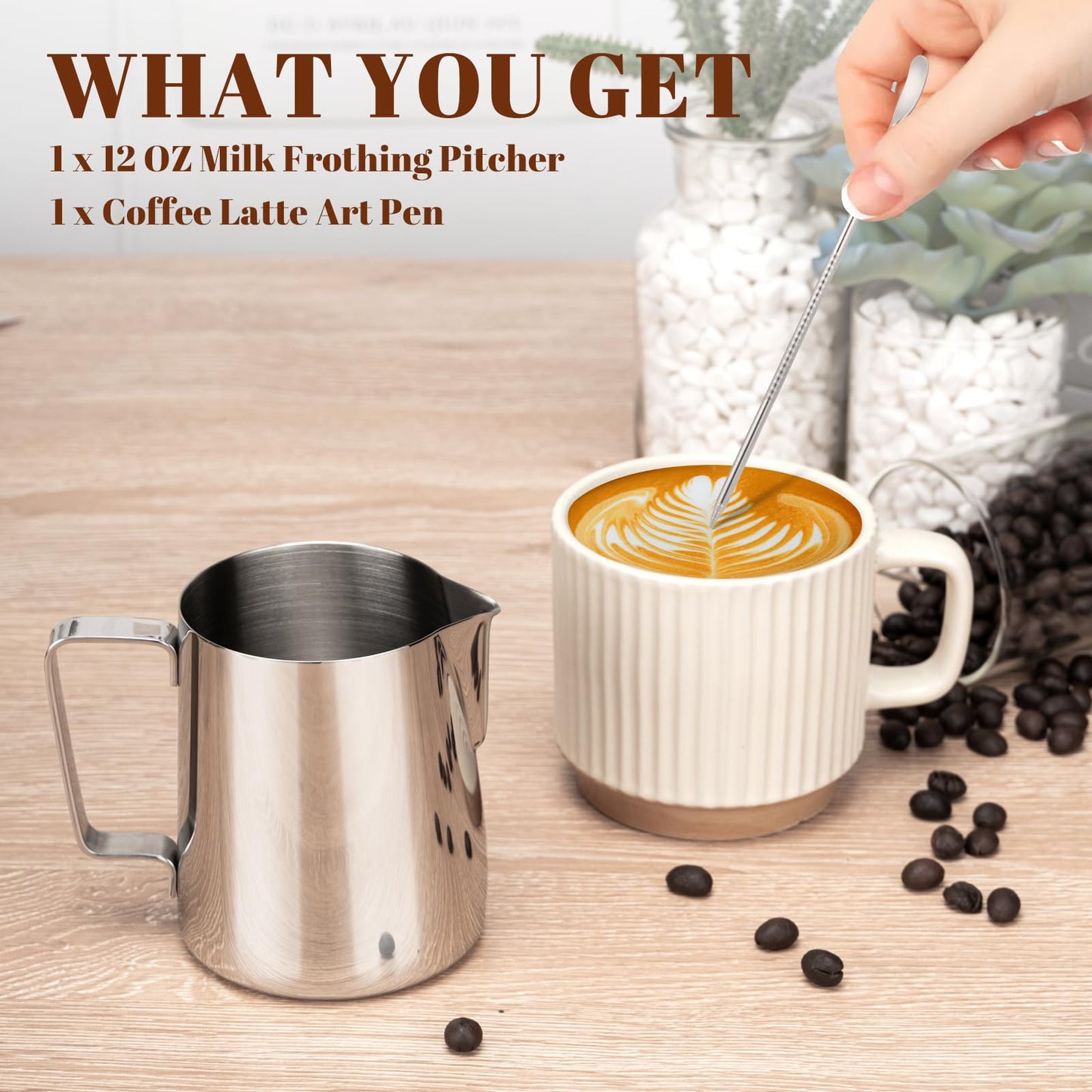 Amrules Milk Frothing Pitcher, 12oz Milk Frother Cup with Clear Scale, 304 Stainless Steel