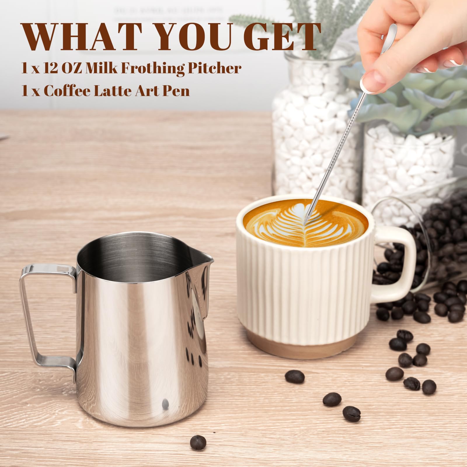 Amrules Milk Frothing Pitcher, 12oz Milk Frother Cup with Clear Scale, 304 Stainless Steel