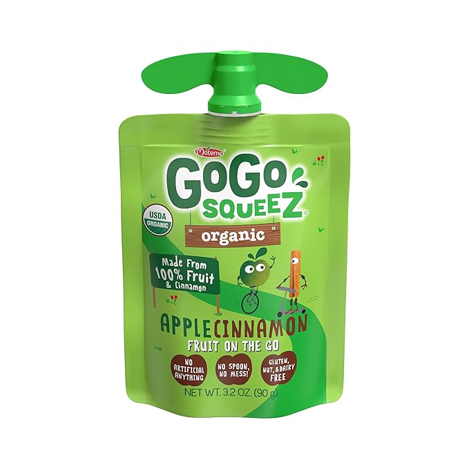 GoGo squeeZ Organic Applesauce and Fruit Puree, Apple Cinnamon, 3.2 oz (Pack of 48), Unsweetened Organic Fruit Snacks for Kids, Gluten Free, Nut Free and Dairy Free, Recloseable Cap, BPA Free Pouches