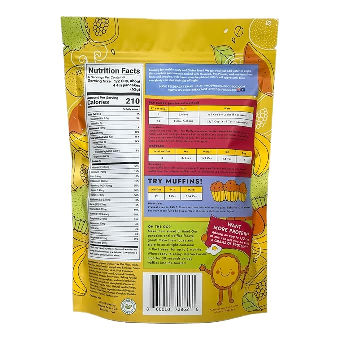 Hidden Foods Homestyle Gluten Free Protein Pancake Mix Oats, Fruit & Veggie Blend No Sugar Added Contains Milk Monk Fruit Sweetener Protein & Fiber Breakfast Meal Just Add Water - 12 oz - 2 Pack