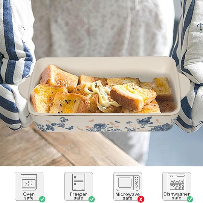 Baking Pans Set of 2 Blue flower 14 inch Ceramic for Oven Large Casserole Baking Dish Set with Handles Porcelain Bakeware Sets Casserole Dish for Oven/Cooking/Kitchen/Cake Dinner