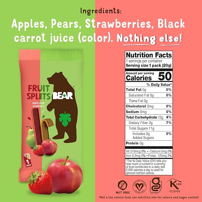 BEAR Real Fruit Snack Splits - Gluten Free, Vegan, and Non-GMO - Apple and Strawberry ??Healthy School And Lunch Snacks For Kids And Adults, 0.7 Ounce (Pack of 18)
