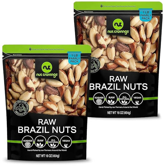 NUT CRAVINGS - Raw Brazil Nuts, Unsalted, No Shell, Whole, (16oz - 2 Pack) Bulk Nuts Packed Fresh in Resealable Bag - Kosher Healthy Snack, Food Assortments