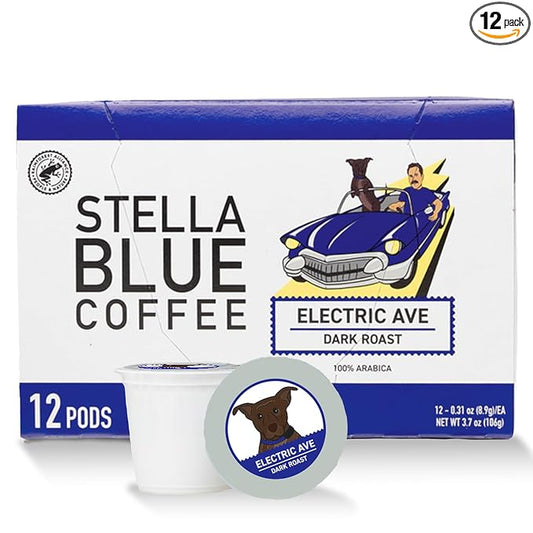 Stella Blue K-Cup Coffee Pods, Electric Avenue Blend, Dark Roast with Toffee, Dark Chocolate & Smoky Notes, 100% Arabica, Ethically Sourced from Central & South America, 12 Recyclable Pods