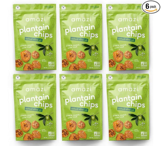 Am채zi Foods | Dried & Roasted Salted Olive Oil Plantain Chips (6 Pack) | All Natural Mini Travel Crunchy Dried Fruit Snacks | Gluten Free Healthy Snacks