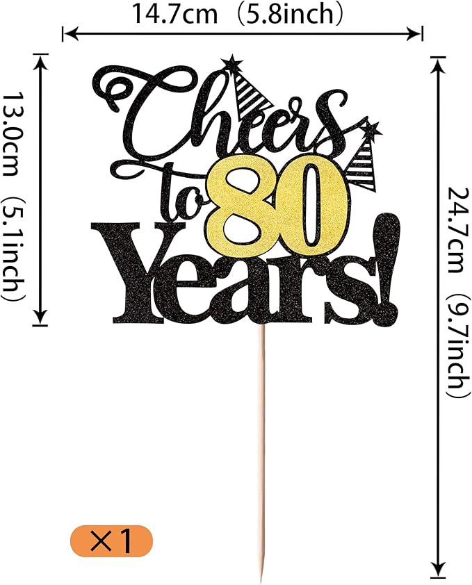Rsstarxi 1 Pack Cheers to 80 Years Cake Topper Glitter Eighty Years Old 80th Birthday Cake Pick 80 Fabulous Cake Decorations for Happy 80th Birthday Wedding Anniversary Party Supplies Black