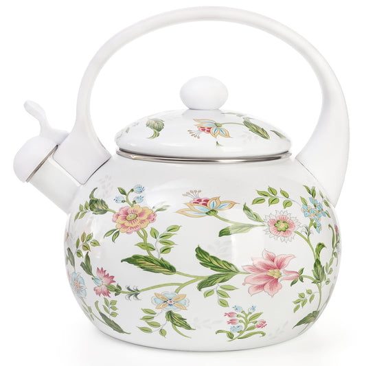 Jucoan 2.3 Quart Vintage Enamel Tea Kettle, Whistling Tea Kettle for Stove Top, Floral Enamel on