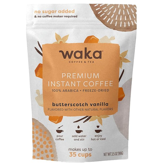 Waka Premium Instant Coffee — Butterscotch Vanilla Flavored — 100% Arabica Freeze Dried Beans — For Hot or Iced Coffee (3.5 Ounces Pouch)