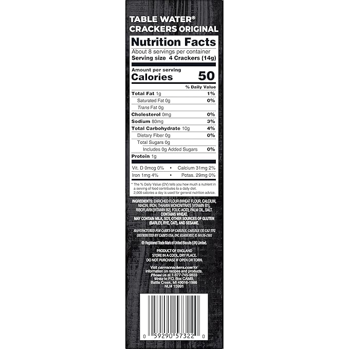 Carr's Table Water Crackers, Baked Snack Crackers, Party Snacks, Original, 4.25oz Box (1 Box)