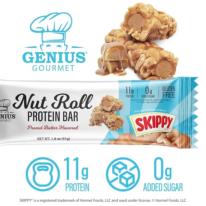 Genius Gourmet SKIPPY Peanut Butter Flavor Inspired Protein Nut Roll Bar,11g Protein per serving(18% DV), 0g Added Sugar, Carb Conscious Snack Bar, Gluten Free ??10 Count