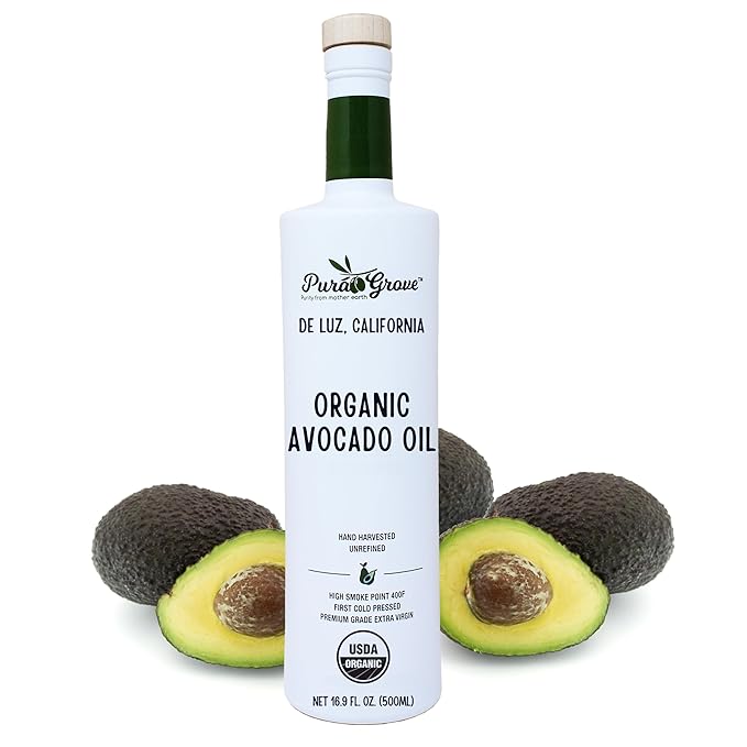 Pura Grove Organic Avocado Oil For Cooking - High Smoke Point Cold Pressed Premium Grade Avocado Oil - 16.9 Fl Oz Opaque Glass Bottle