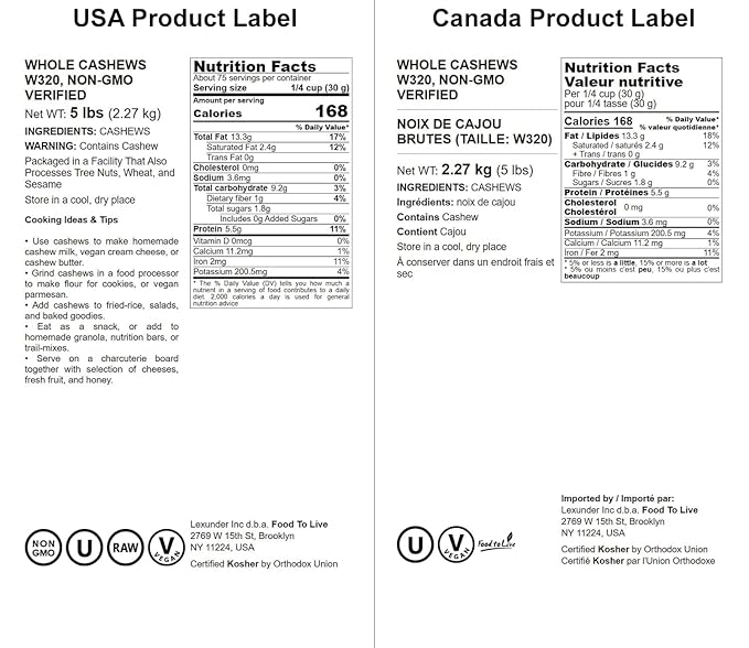 Food to Live - Raw Cashews, 5 Pounds ??Deluxe Whole Nuts, Unsalted, Unroasted Fancy Snack, Size W-320, Kosher, Vegan, Bulk, Rich in Magnesium