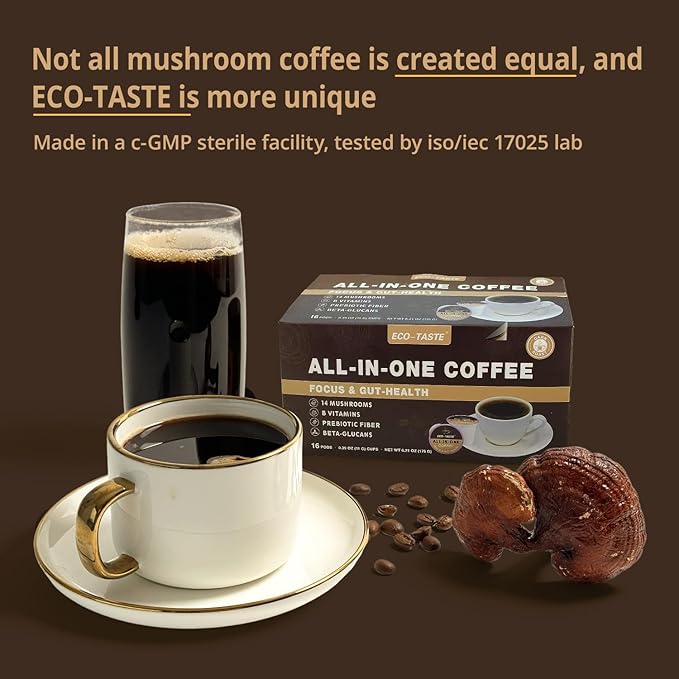 Mushroom Coffee K Cup – Focus & Gut-Health with 14-Mushrooms, Vitamins, L-Theanine and Alpha GPC, Single Serve Pods - No Crash or Jitters, 16 Count