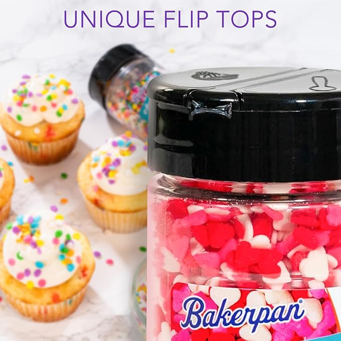 Bakerpan Heart Sprinkles for Baking, 4 Ounces Pink Heart Sprinkles Edible, Made in USA