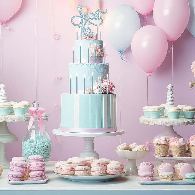 Tondiamo Sweet 16 Birthday Decorations Rhinestone Sweet 16 Cake Toppers 20 Pcs Metallic Happy Birthday Candles 16 Cake Decorations for Cupcake Decor (Blue)