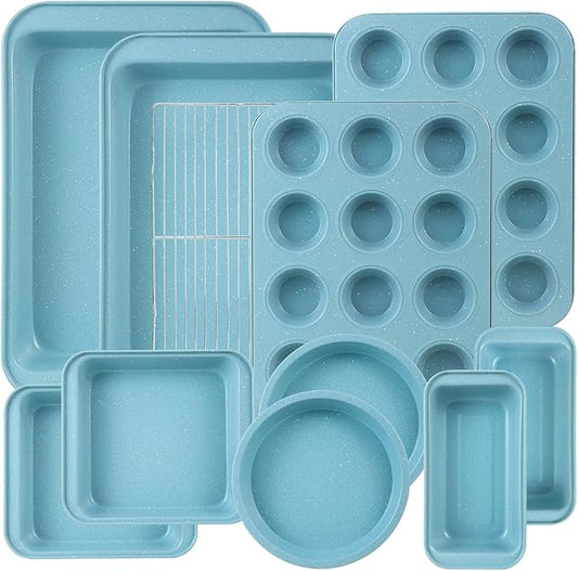 11-Piece Nonstick Baking Pans Set - Professional Grade Carbon Steel Bakeware with Premium Coating- Dishwasher Safe, Stackable, Oven Safe to 450°F (Slight Blue)