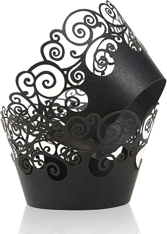 Cupcake Wrappers, KPOSIYA 100 Pack Cupcake Wraps Filigree Artistic Bake Cake Paper Cup Little Vine Laser Cut Liner Baking Cups Muffin Case Trays for Wedding Party Birthday Decoration (100, Black)
