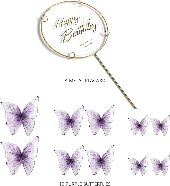 11-Piece Purple Butterfly Cake Toppers Set: Happy Birthday Metal Gold Cake Topper & Decorations