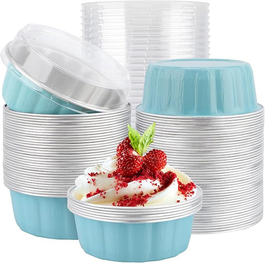EUSOAR Take Out Containers with Lids, 100pcs 9oz Blue Cup Cake, Disposable Cake Containers Ramekins with Lids Bakery Cheesecakes Muffins Pie Round Wrappers for Wedding Birthday Theme Party