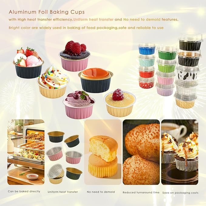60 Pcs Mini Cake Pans with Lids,5oz Aluminum Foil Baking Cups Round Mini Disposable Ramekins 125ml Muffin Tin Ramekins Brownie Baking Cups, Dessert Cupcake Cups for Wedding Birthday Party(Gold)