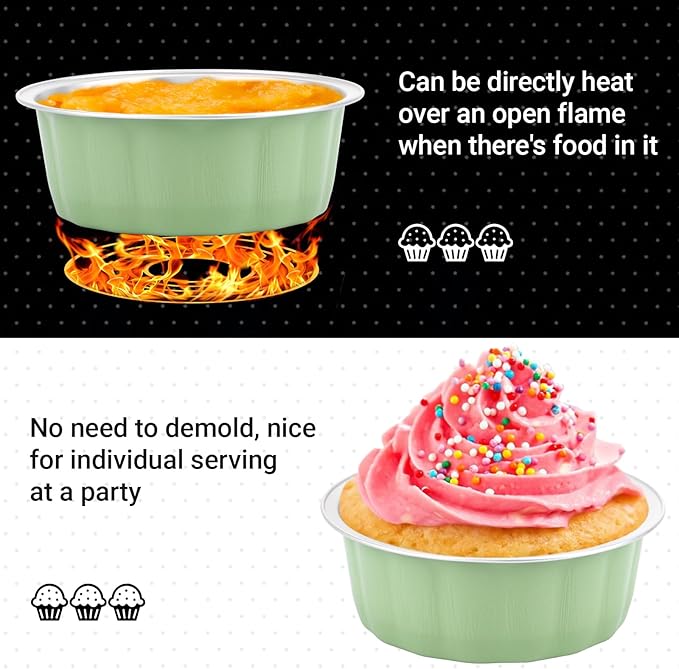 Beasea 8oz Aluminum Ramekins, 100 Pack 3.9" Disposable Baking Foil Cups Mini Ramekin Cup Cupcake Aluminum Baking Cups for Party - Pea Green