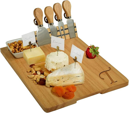 Picnic at Ascot Personalized Monogrammed Laser Engraved Hardwood Board for Cheese & Appetizers - Includes 4 Cheese Knives, Cheese Markers & Ceramic Dish - Designed in California