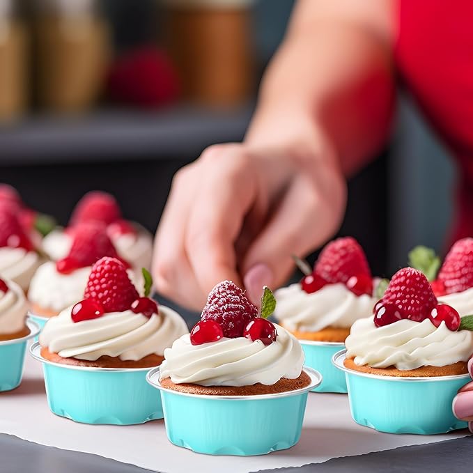 Eaasty 150 Pcs Baking Cups with Lids, 1.6 oz Muffin Cupcake Liners Aluminum Foil Mini Cake Pans Small Disposable Ramekin Flan Containers with Lids for Christmas, Birthday, Various Holiday (Light Blue)