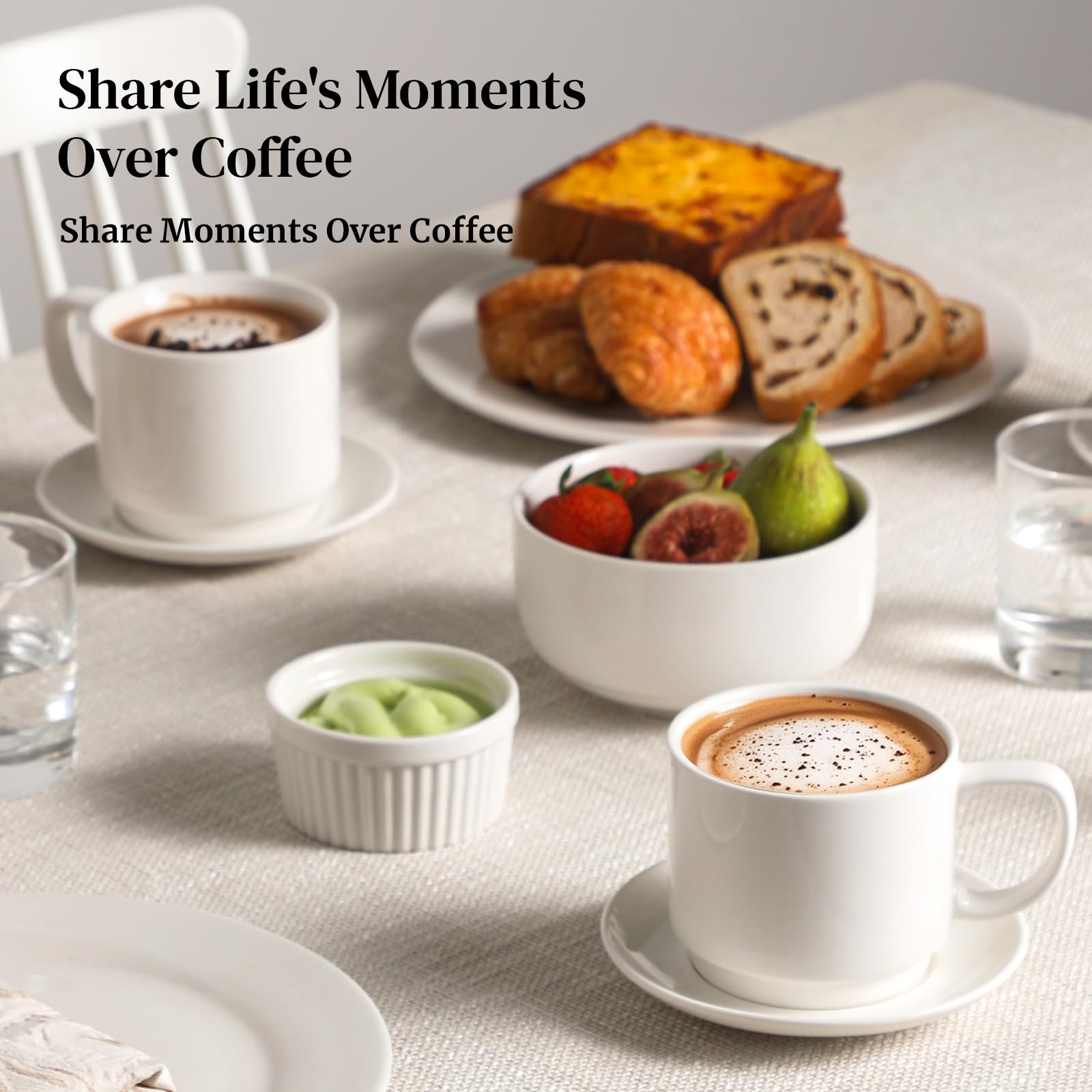 DOWAN 12oz Coffee Mugs, Cappuccino Cup and Saucer Set of 4, White Ceramic Coffee Cups for