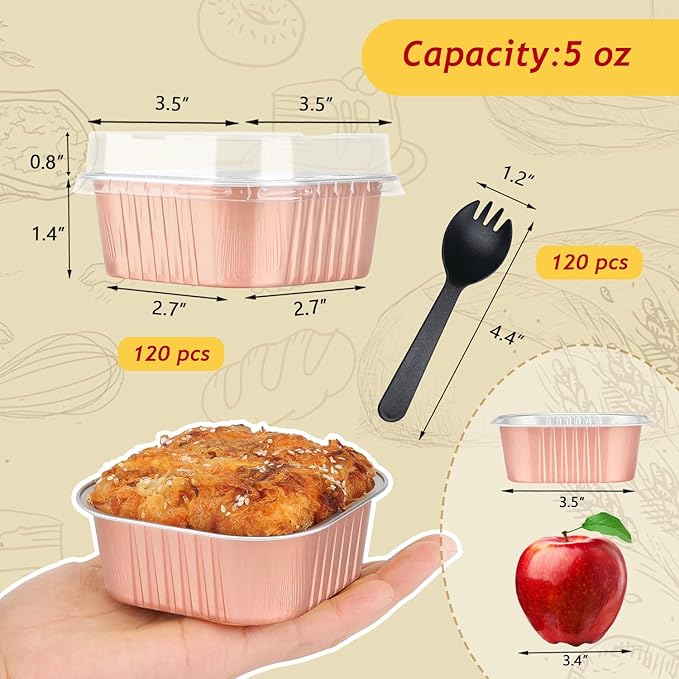 120pack 5oz Mini Cake Pans with Lids,LNYZQUS Foil Cupcake Cups Small Brownie Baking Tins,Square Disposable Ramekins Mini Cheesecake Containers Muffin Holders-Champagne