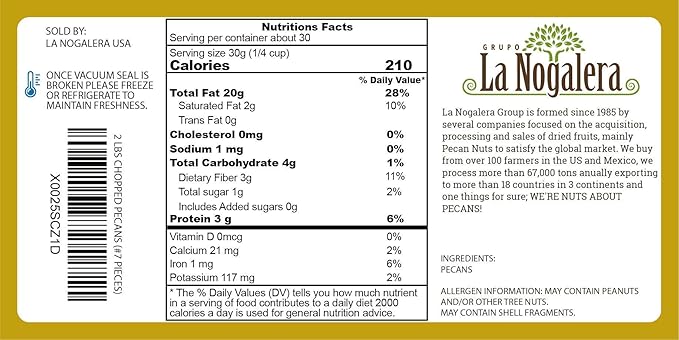 La Nogalera - 2 lbs Chopped shelled pecans. Raw pecan nuts that compare to organic, NO SHELL, Non-GMO, No Preservatives, Unpasteurized, Kosher and Halal Certified and Ketogenic friendly