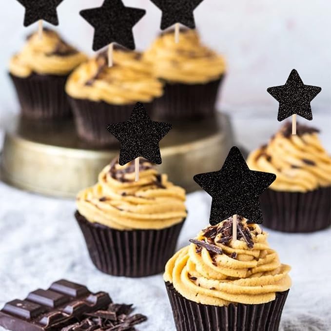 30 PCS Little Star Cupcake Toppers Glitter Twinkle Star Cupcake Picks Wedding Engagement Bridal Shower Baby Shower Birthday Party Cake Decorations Supplies Mixed Size Black