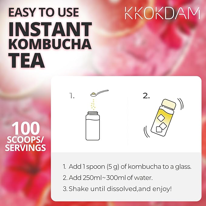 KKOKDAM Kombucha Tea - Grapefruit & Hibiscus Korean Tea - Kombucha Drinks Probiotic Support, Low Calorie, Sugar Free Kombucha Pack - 500g Bulk Pouch