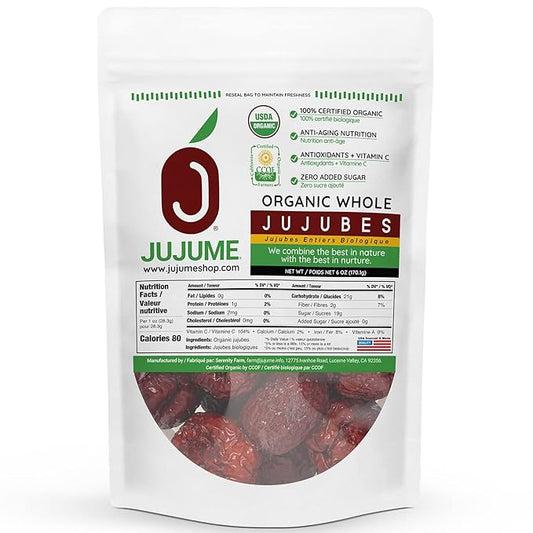 JUJUME | USDA Organic California Grown Jujubes Red Dates | Individually Sorted 3X for QA | High Grade Superfood | Healthy Dried Fruit | Certified All-Natural Non-GMO | 6 oz. bag